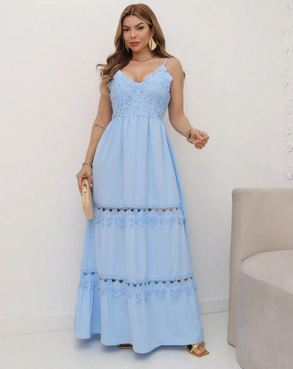 Vestido Longo de Festa Decote V c/Renda reveillon alcinha verão azul serenity
