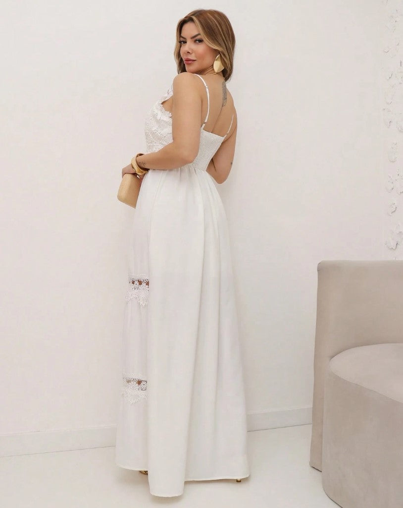 Vestido Longo de Festa Decote V c/Renda reveillon alcinha verão branco 