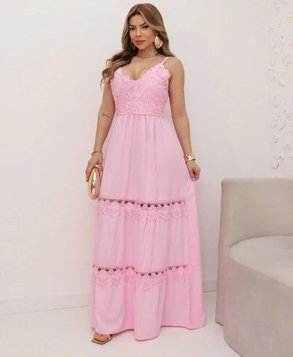 Vestido Longo de Festa Decote V c/Renda reveillon alcinha verão rosa claro