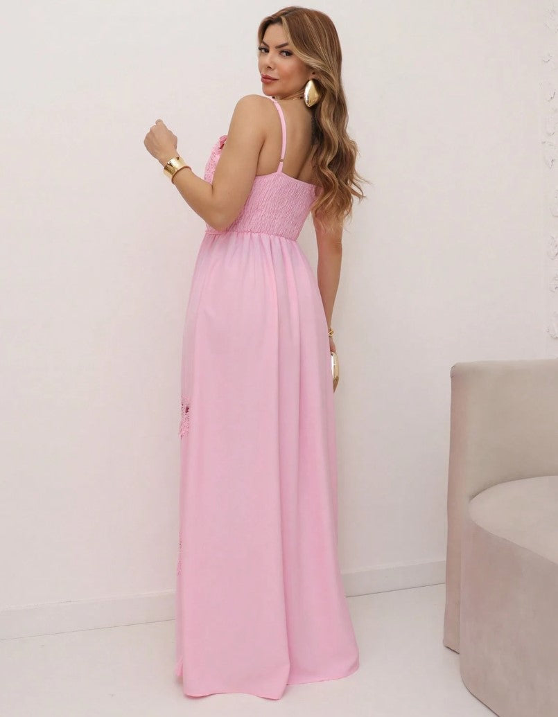 Vestido Longo de Festa Decote V c/Renda reveillon alcinha verão rosa claro