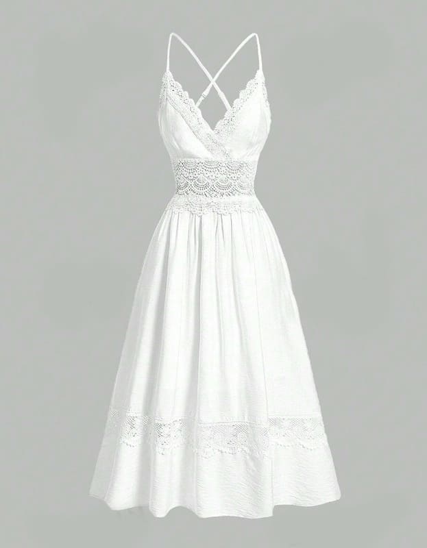 Vestido de Festa Midi com Renda de Verão Alcinha elegante casual branco viscose

