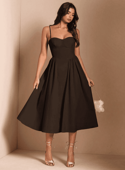 Vestido de Festa Midi Alcinha Vintage retrô cintado decotado marrom café
