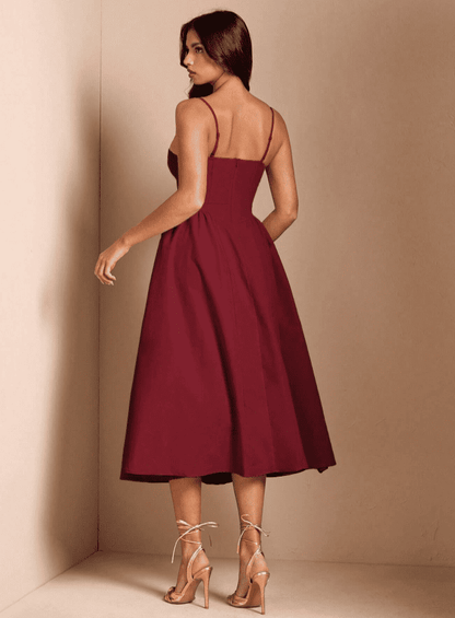 Vestido de Festa Midi Alcinha Vintage retrô cintado decotado bordô VINHO marsala 