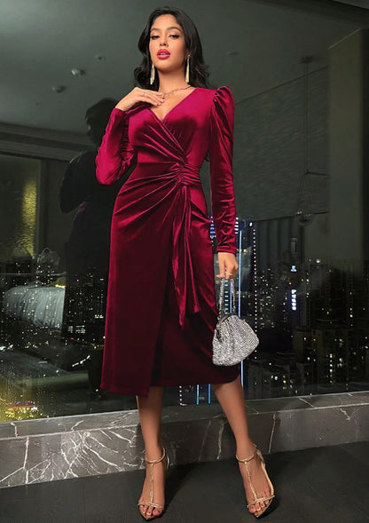 Vestido de Festa Midi Veludo de Manga longa look inverno casamento madrinha chic sofisticado elegante vermelho vinho