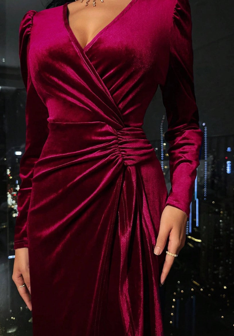 Vestido de Festa Midi Veludo de Manga longa look inverno casamento madrinha chic sofisticado elegante vermelho vinho