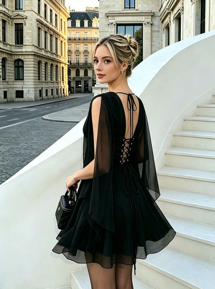 Vestido de Festa Gótico Costas Decote Trançado preto curto leve meia-estação look balada romântica