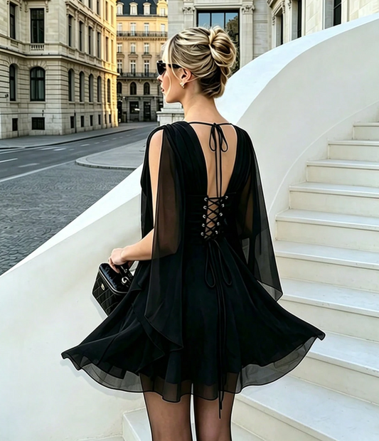 Vestido de Festa Gótico Costas Decote Trançado preto curto leve meia-estação look balada romântica