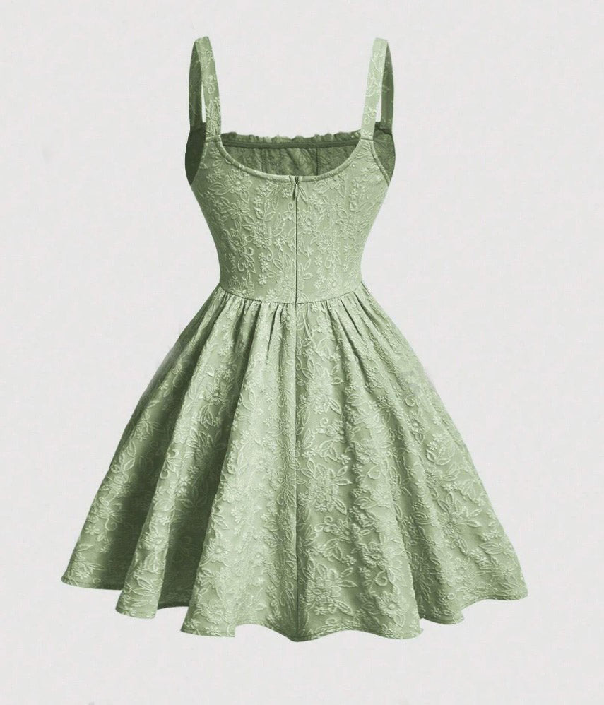 Vestido de Festa Princesa Jacquard Laços Alça Fina corset vintage retrô verde claro