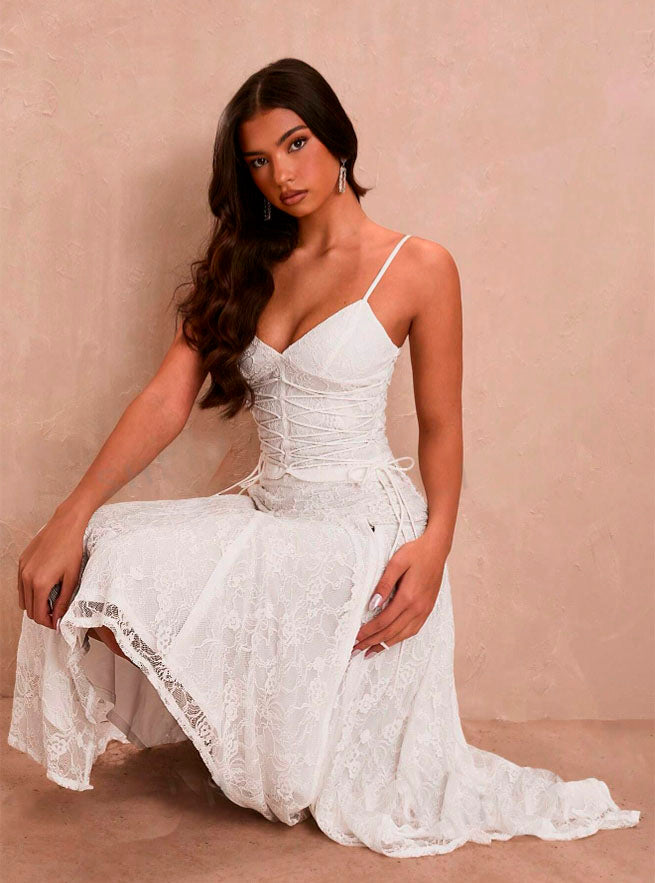 Vestido de Festa Renda c detalhes  Amarrações acinturado alcinha fendas sexy Midi ensaio pré-wedding casamento branco