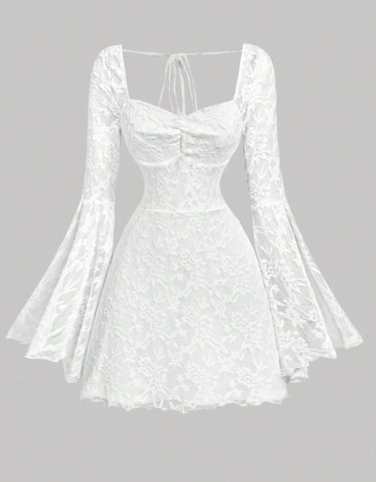 Vestido de Festa curto de Renda Decote Coração Princesa manga flare branco noiva ensaio