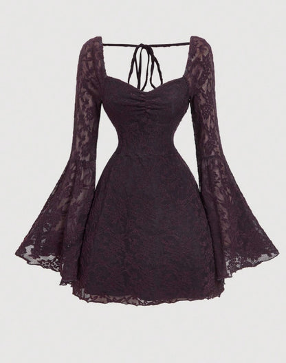 Vestido de Festa curto de Renda Decote Coração Princesa manga flare preto roxo