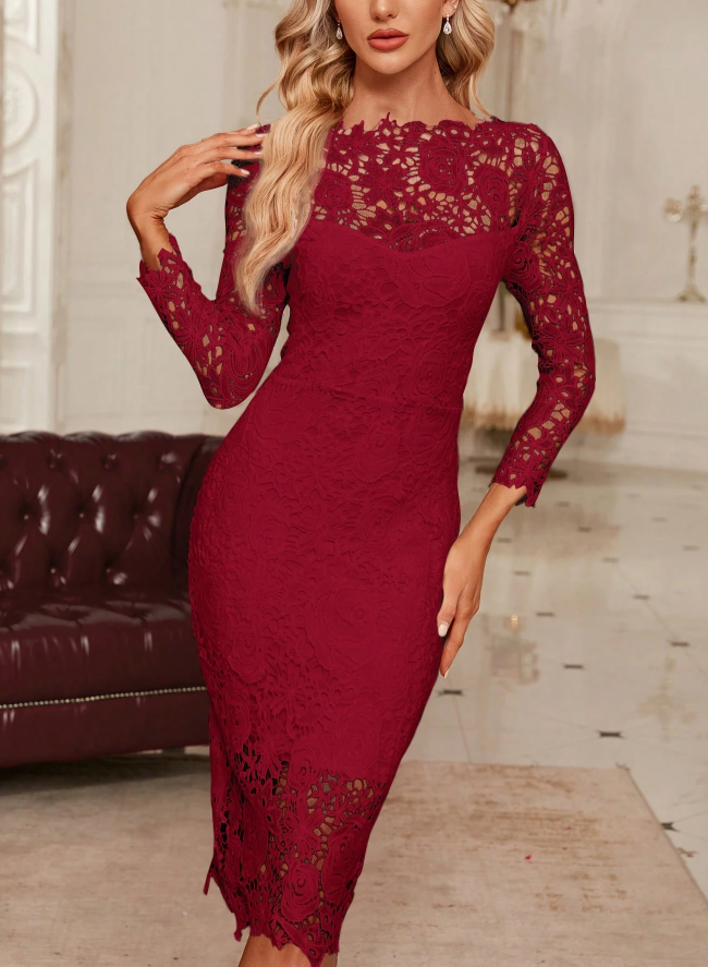 Vestido de Festa de Renda Tubinho Casamento vermelho vinho bordô BORGONHA manga transparente