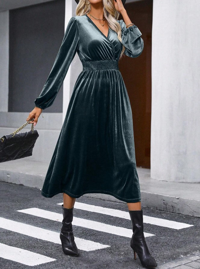 vestido de festa midi de veludo manga longa azul cinza office casual