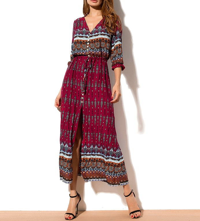 Vestido Longo Western Boho Manga 3/4 viscose leve azul marinho étnico hippy midi chemise