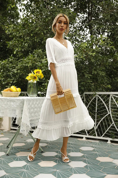 Vestido Boho Chic Midi Branco Rendas detalhes transparências casamento na praia