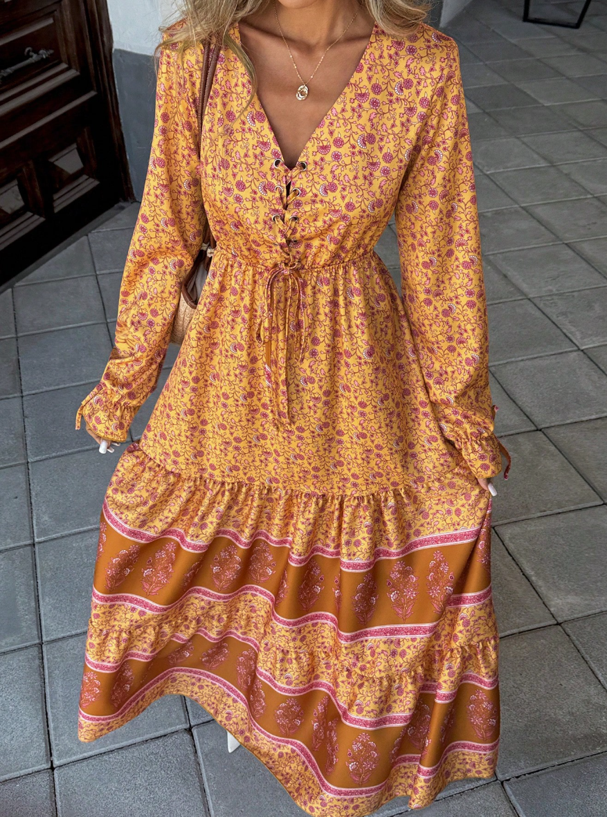 Vestido Longo Western Boho Manga Longa