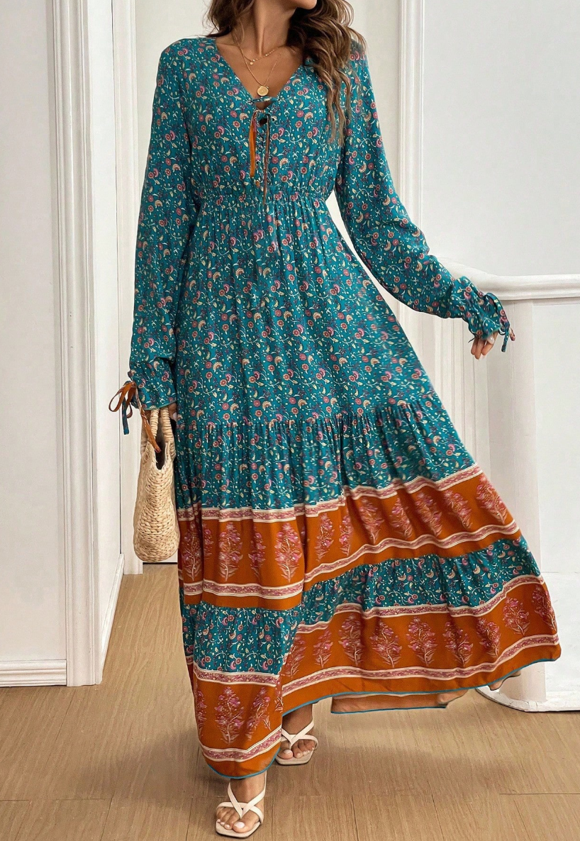 Vestido Longo Western Boho Manga Longa