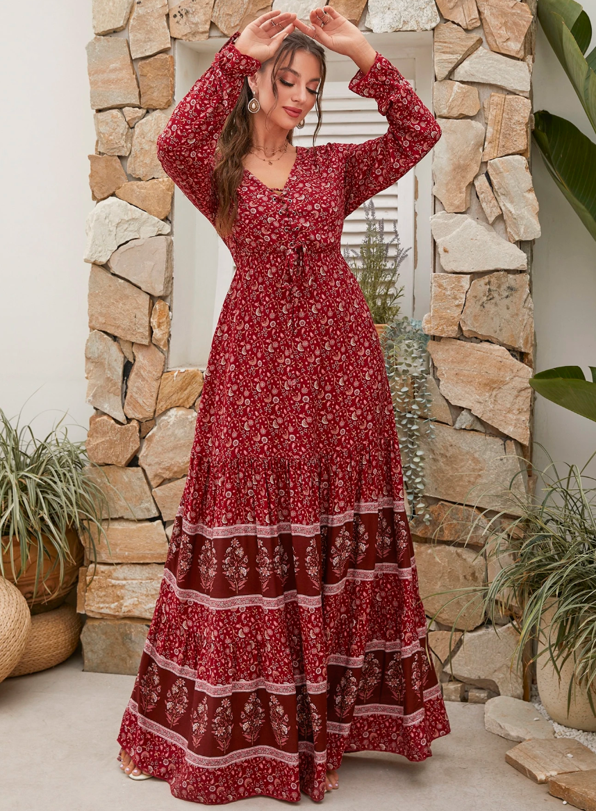 Vestido Longo Western Boho Manga Longa