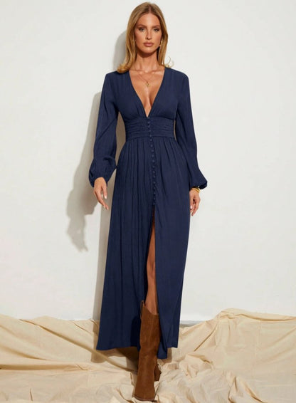 Vestido Longo Boho Chic Chemise Decote profundo de Manga longa acinturado marinho