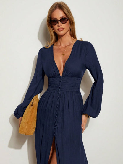 Vestido Longo Boho Chic Chemise Decote profundo de Manga longa acinturado marinho