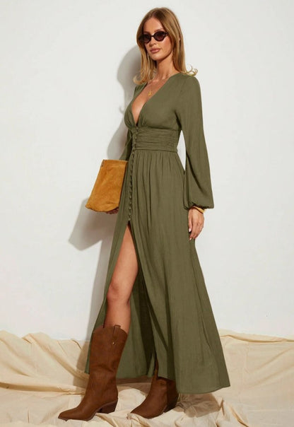 Vestido Longo Boho Chic Chemise Decote profundo de Manga longa acinturado verde militar musgo