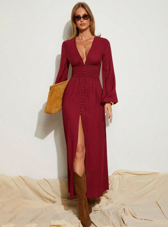Vestido Longo Boho Chic Chemise Decote profundo de Manga longa acinturado bordÔ vinho vermelho