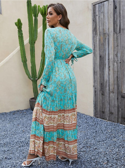 Vestido Longo Western Boho chic Manga Longa azul água