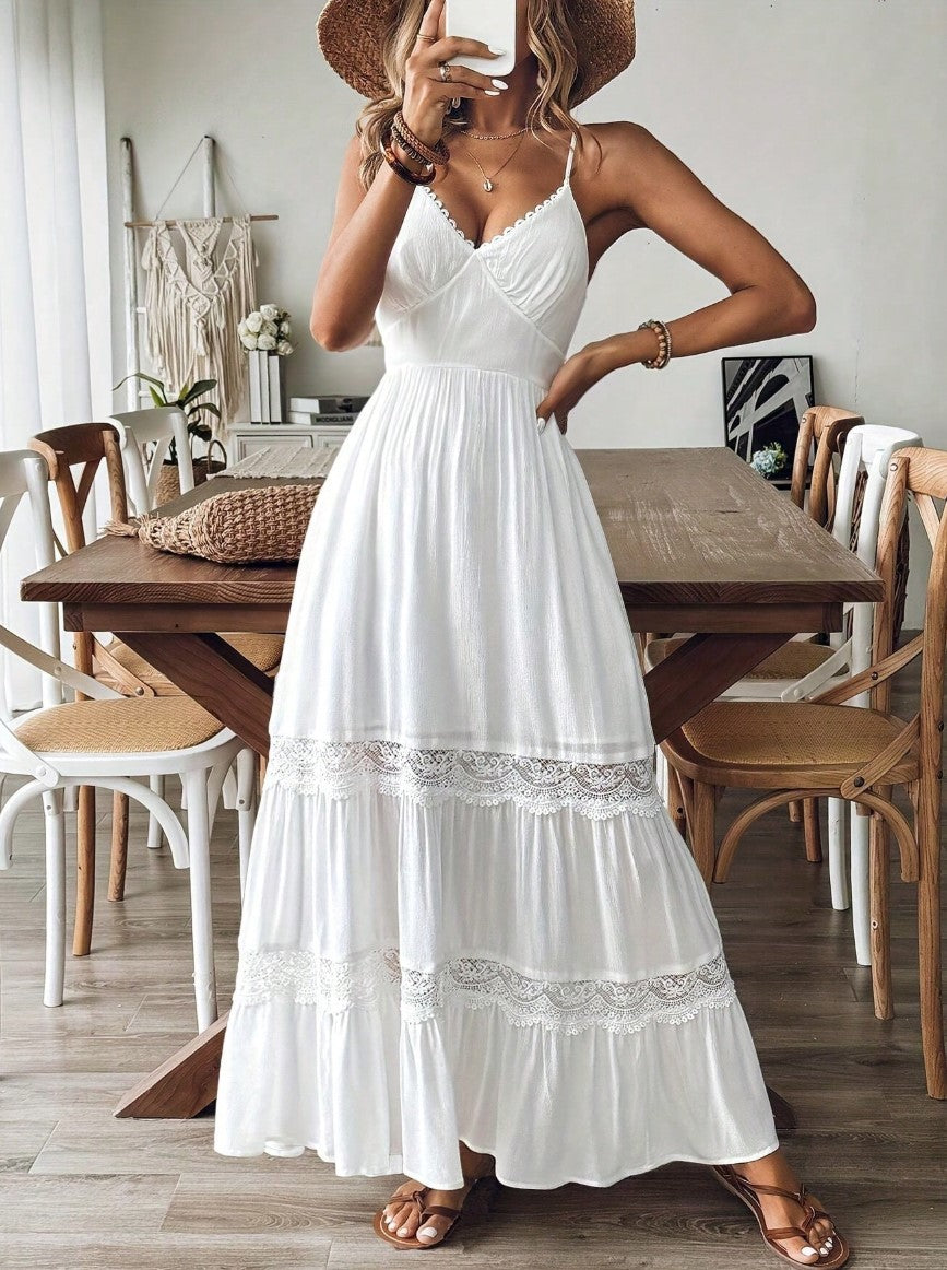 Vestido Longo branco alcinha com  Renda Boho Chic de Verão acinturado casamento civil praia