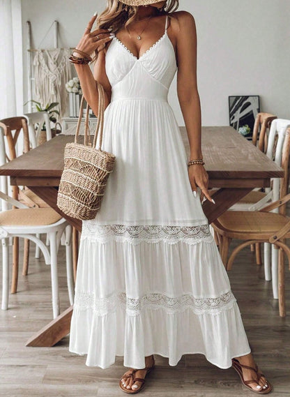 Vestido Longo branco alcinha com  Renda Boho Chic de Verão acinturado casamento civil praia social casual