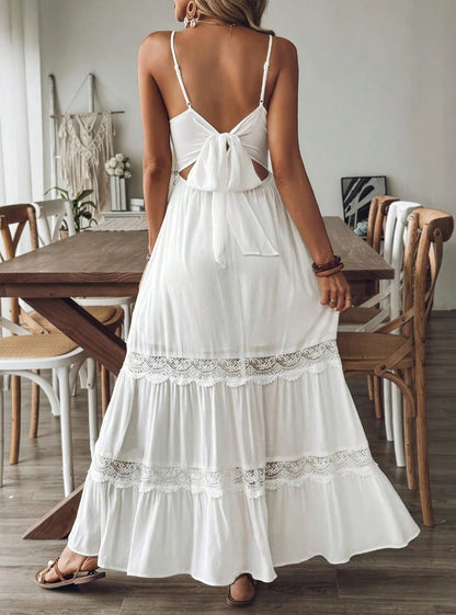 Vestido Longo branco alcinha com  Renda Boho Chic de Verão acinturado casamento civil praia costas decotadas amarração