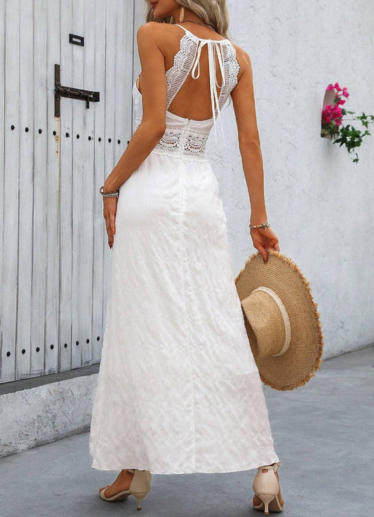 Vestido Longo BRANCO Costas decotadas c/Renda Alcinha decote v acinturado casamento praia civil reveillon 