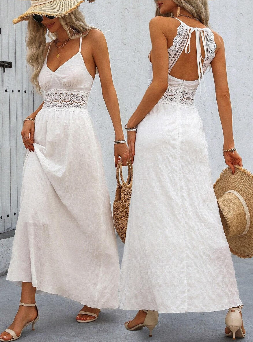 Vestido Longo BRANCO Costas decotadas c/Renda Alcinha decote v acinturado casamento praia civil