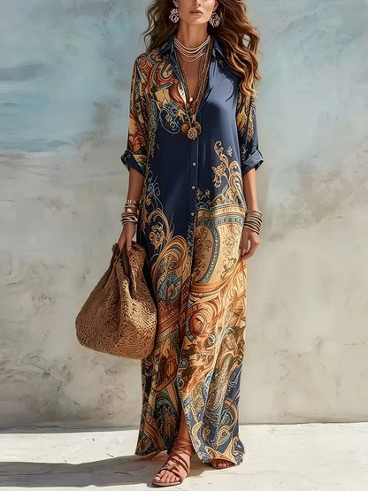 Vestido Longo Boho Chic Chemise Estampa Retrô