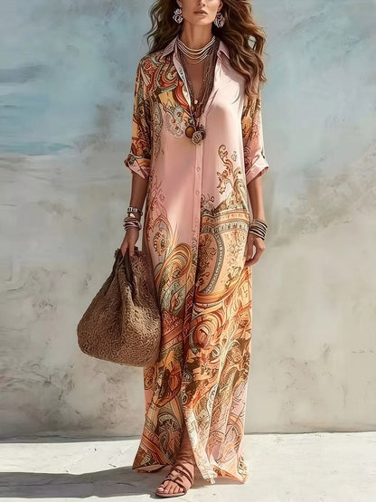 Vestido Longo Boho Chic Chemise Estampa Retrô