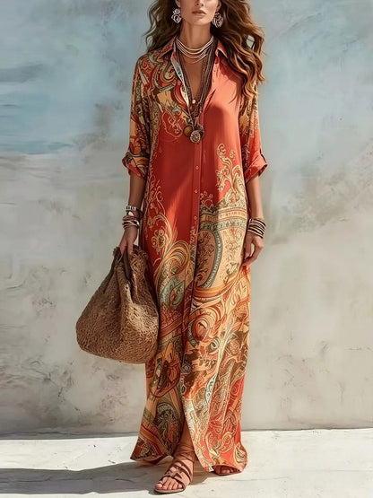 Vestido Longo Boho Chic Chemise Estampa Retrô