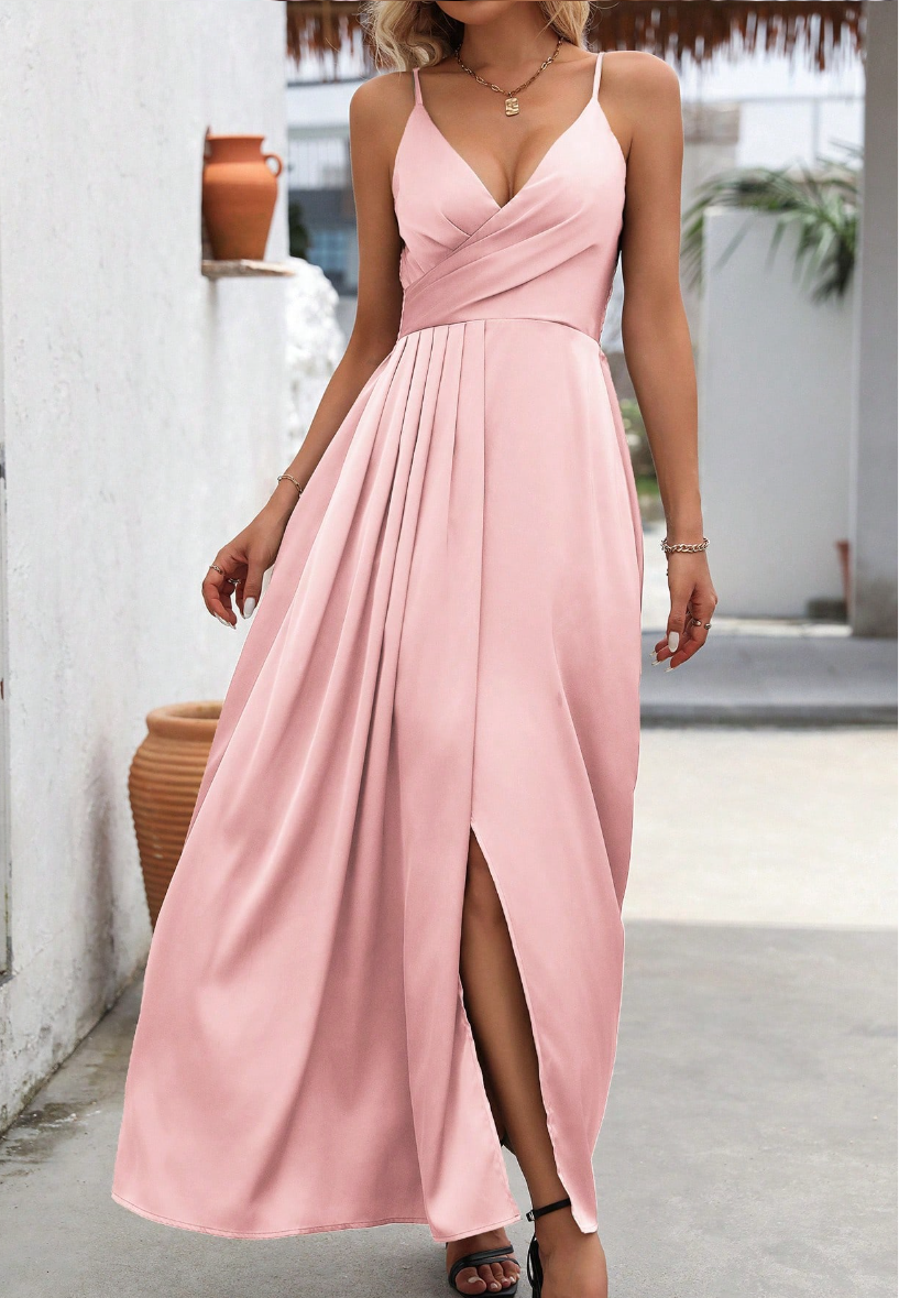 Vestido de Festa Longo de Cetim c/ Fenda de Alcinha rosa claro sofisiticado