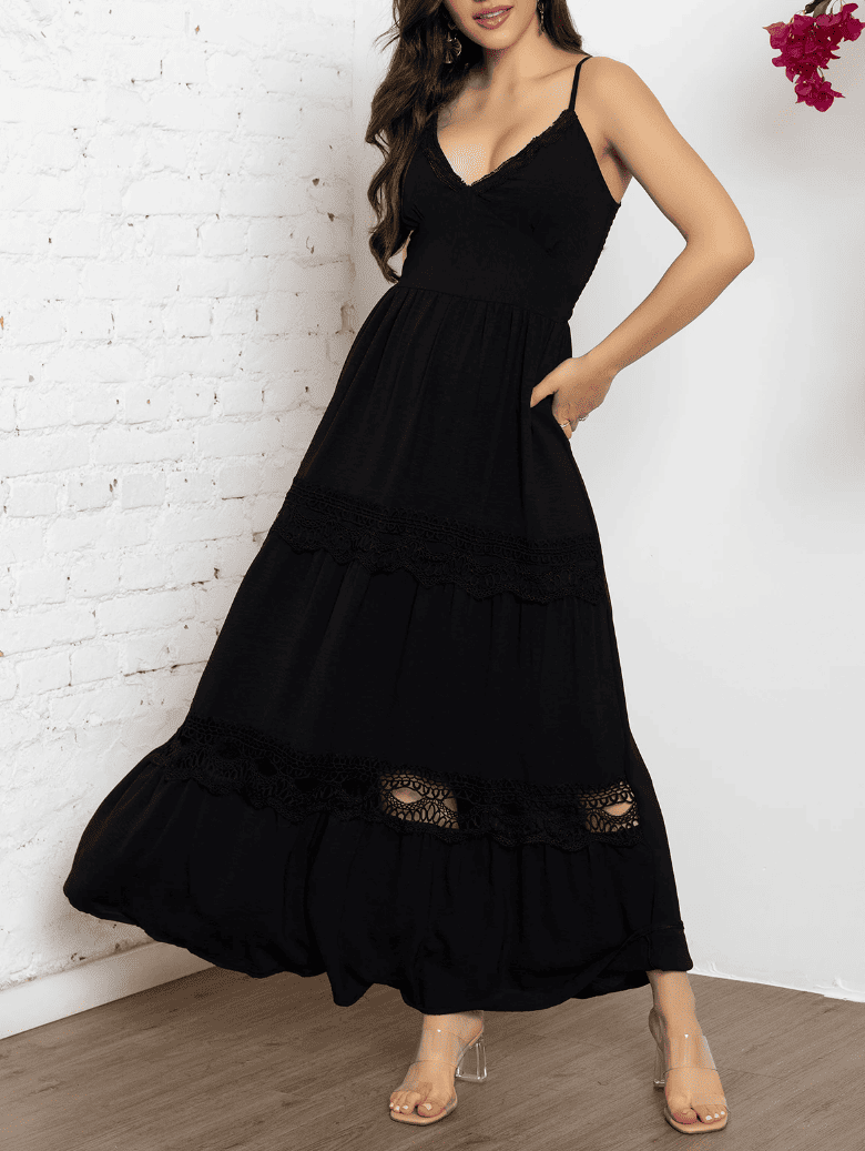 Vestido de Festa Longo c/Renda Alcinha verão preto