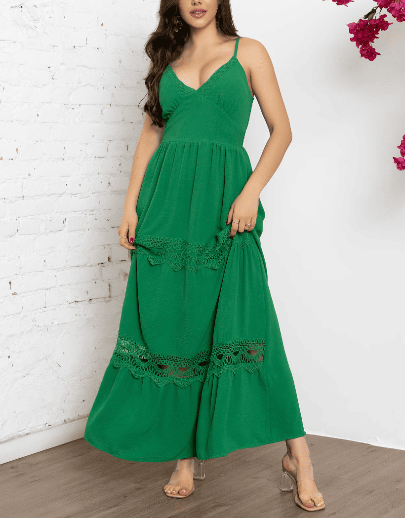 Vestido de Festa Longo c/Renda Alcinha verão verde