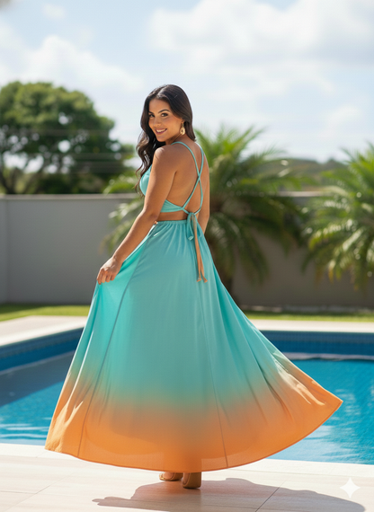 Vestido Longo alcinha Degradê Costas Nuas azul laranja recortes cut-out costas nuas