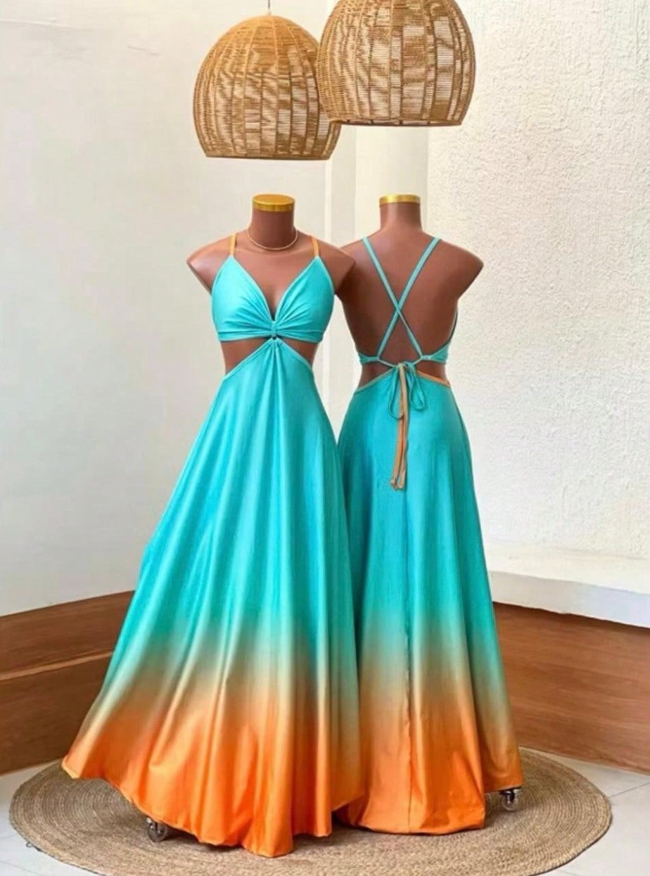 Vestido Longo alcinha Degradê Costas Nuas azul laranja recortes cut-out costas nuas
