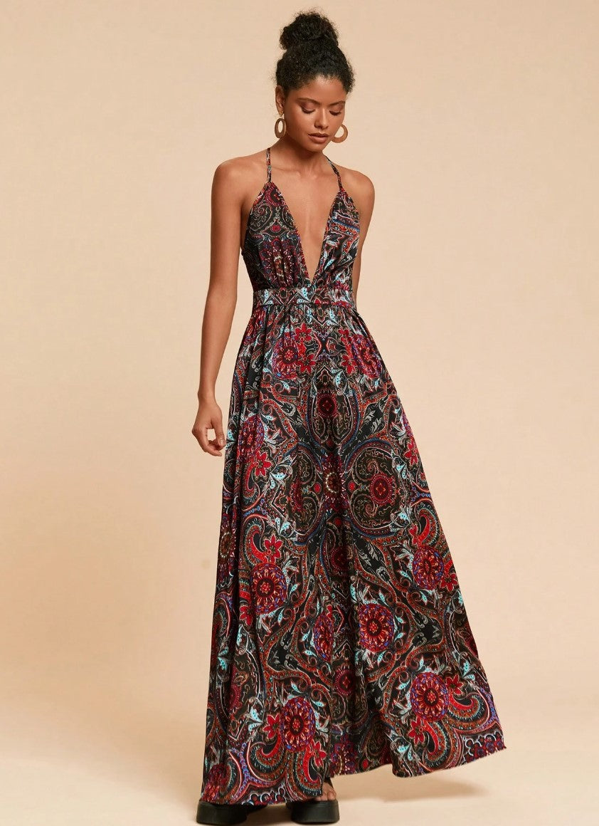 Vestido Longo Estampa Boho Chic Decote profundo Costas nuas indiano elegante sofisticado