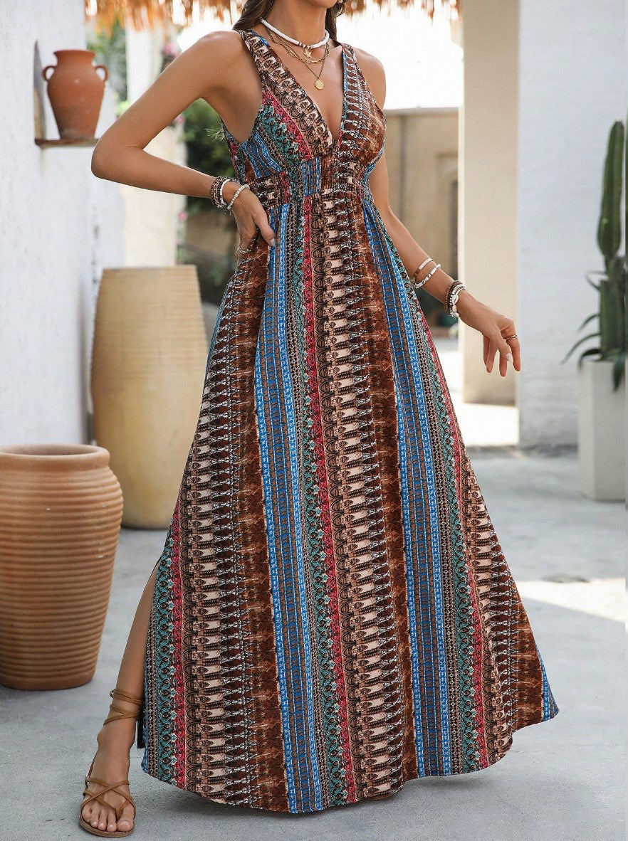Vestido Longo estampado Étnico Boho Regata Decote V acinturado fenda azul 