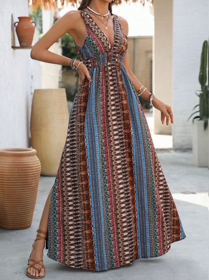 Vestido Longo estampado Étnico Boho Regata Decote V acinturado fenda azul 