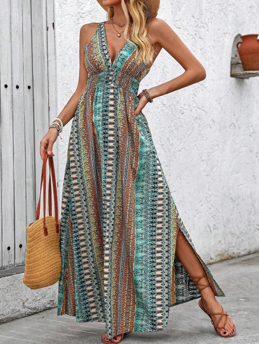 Vestido Longo estampado Étnico Boho Regata Decote V acinturado fenda laranja verde