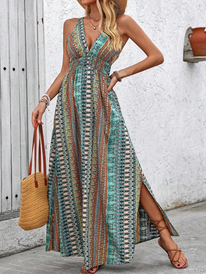 Vestido Longo estampado Étnico Boho Regata Decote V acinturado fenda laranja verde