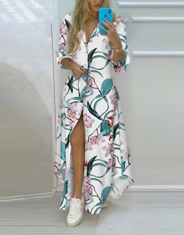 Vestidos Longos Chemise Estampados de Manga casual plus size branco floral