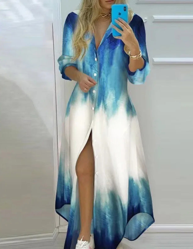 Vestidos Longos Chemise Estampados de Manga casual plus size degradê azul