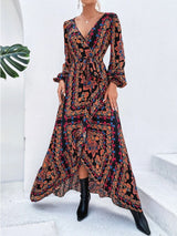 Vestido Longo Estampado étnico boho chic Mullet Decote V Manga longa