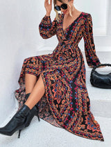 Vestido Longo Estampado étnico boho chic Mullet Decote V Manga longa