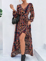 Vestido Longo Estampado étnico boho chic Mullet Decote V Manga longa